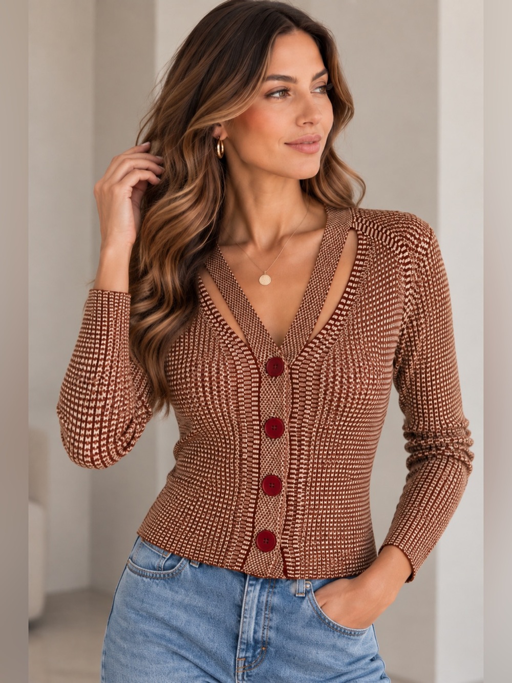 Proenza Schouler Size L Silk Cotton Knit Cutout Cardigan Brown Cream